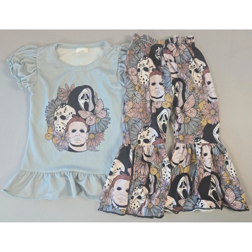 Unbranded Blue Horror Movie Character Bell Bottom Set Kids 12-18M Floral Ruffle